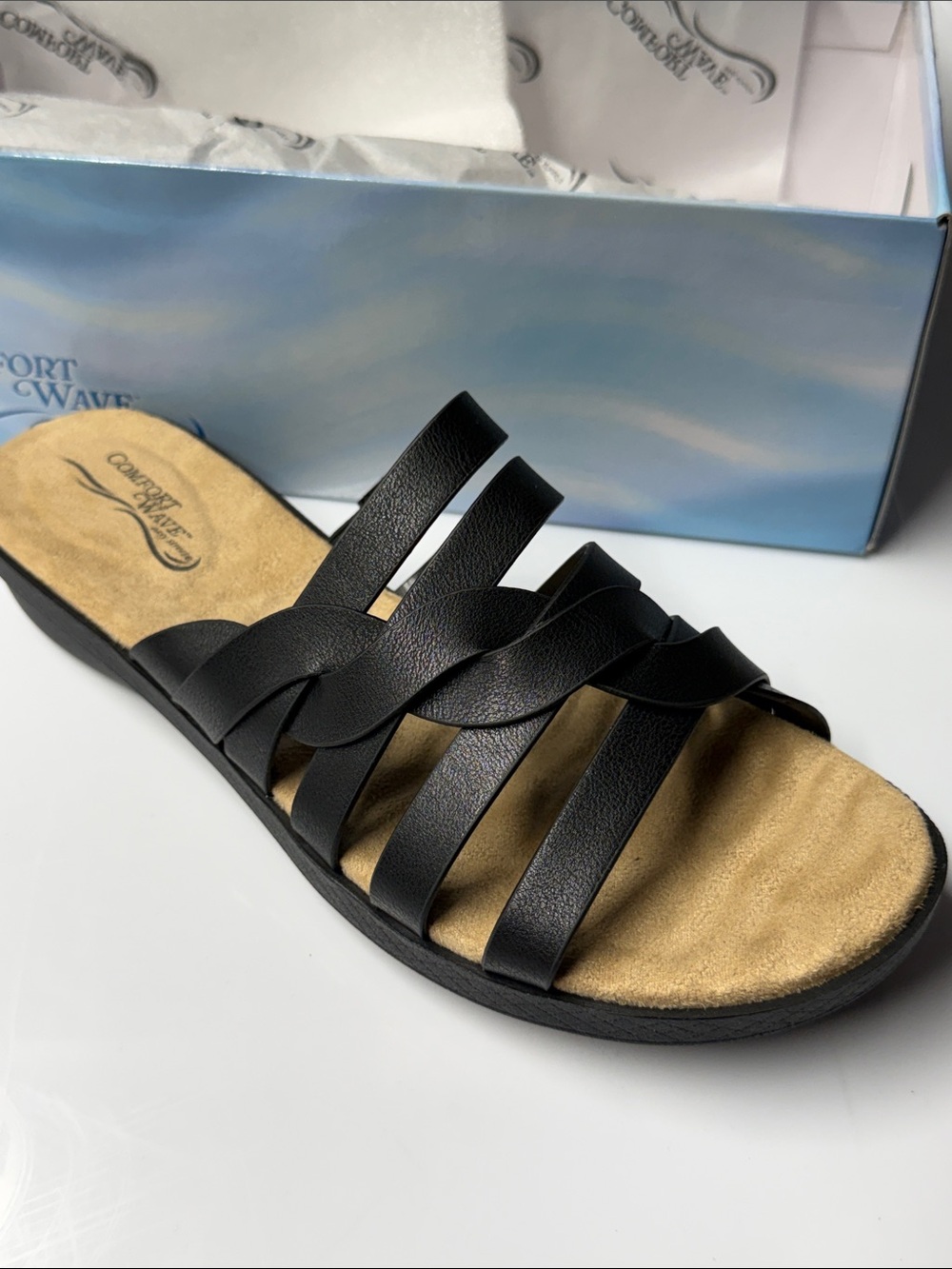 easy street Comfort Wave Sheri Black Multi-Strap Slide Sandal